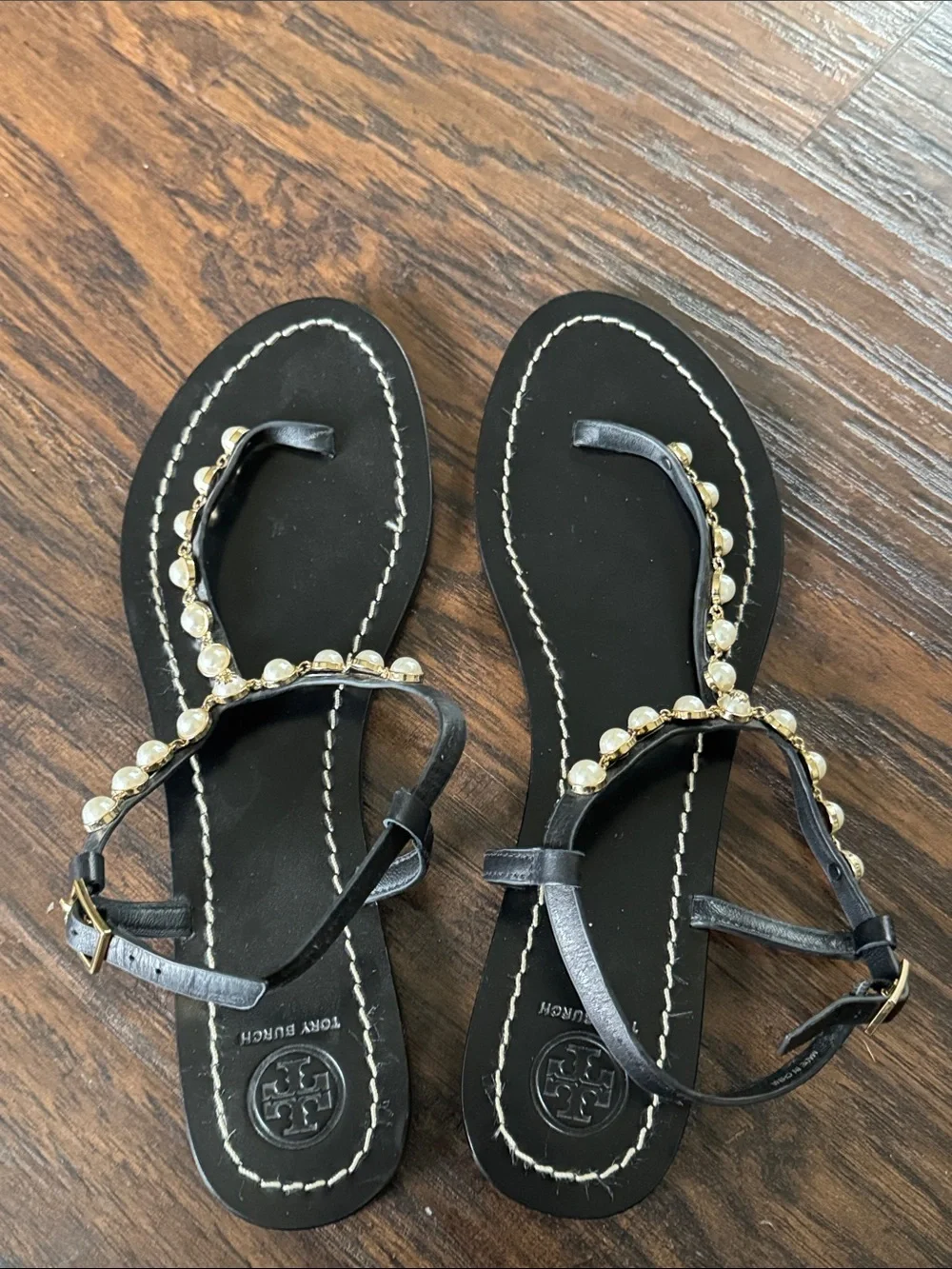 Tory Burch Black Leather Pearl-Trim T-Strap Sandals, Sz 11, Like New
